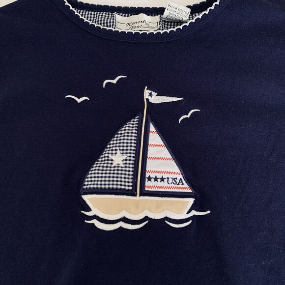 Vintage Sailboat Shirt Women M Petite Navy Blue Coastal Nautical Patriotic Tee - Picture 2 of 6